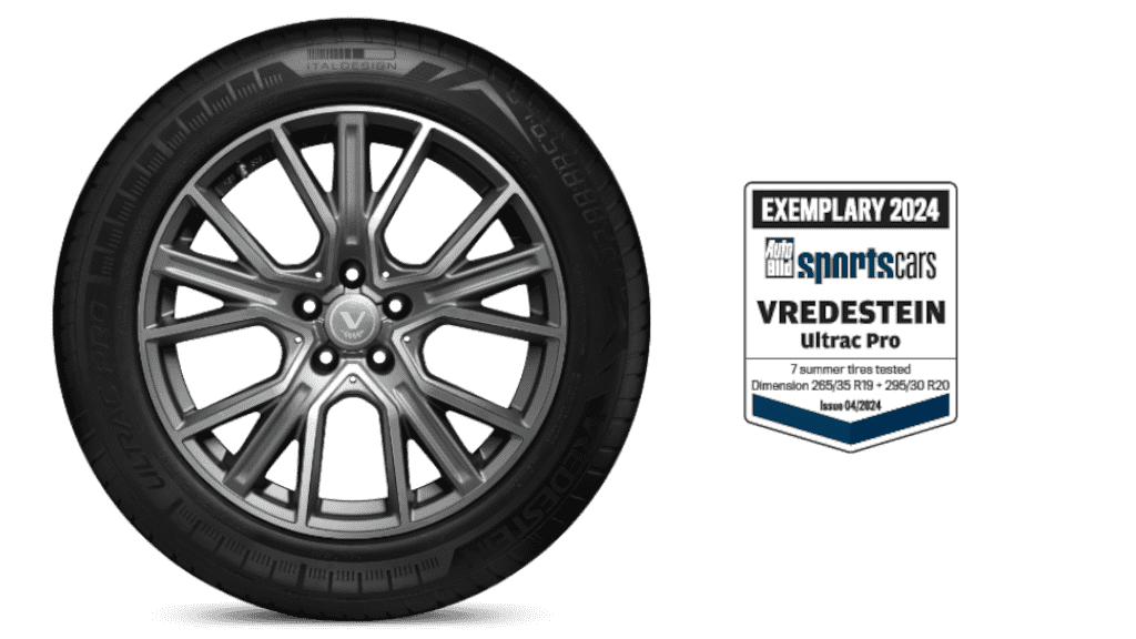 Vue de face du pneu Vredestein Ultrac Pro avec étiquette de résultat de test.